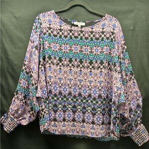 Jennifer Lopez Black Blouse with Blue, Green & Purple Geometric Print